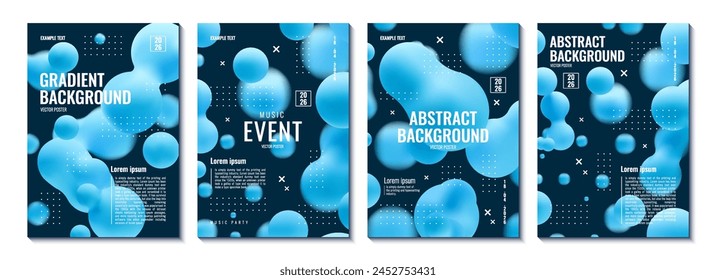 3d liquid blobs poster set. Abstract colored spheres in flight. Vector realistic render of bubbles on an isolated white background. Illustration of lava lamp elements.