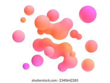 3d liquid blobs set. Abstract colored spheres in flight. Vector realistic render of bubbles on an isolated white background. Illustration of lava lamp elements.