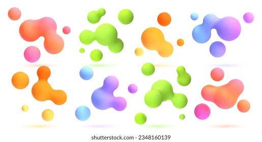 3d liquid blobs set. Abstract colored spheres in flight. Vector realistic render of bubbles on an isolated white background. Illustration of lava lamp elements.