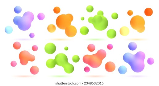 3d liquid blobs set. Abstract colored spheres in flight. Vector realistic render of bubbles on an isolated white background. Illustration of lava lamp elements.