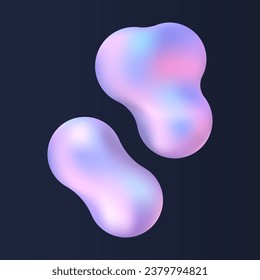 3d liquid blobs set. Abstract colored spheres in flight. Vector realistic render of bubbles on an isolated white background. Illustration of lava lamp elements in y2k style.