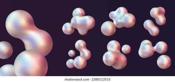 3d liquid blobs set. Abstract colored spheres in flight. Vector realistic render of bubbles on an isolated white background. Illustration of lava lamp elements in y2k style.