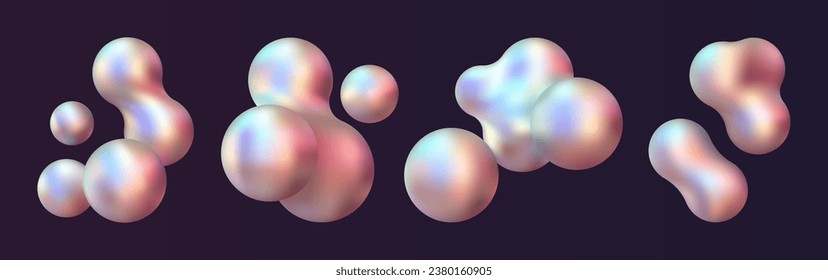 3d liquid blobs set. Abstract colored spheres in flight. Vector realistic render of bubbles on an isolated white background. Illustration of lava lamp elements in y2k style.