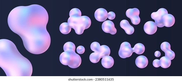 3d liquid blobs set. Abstract colored spheres in flight. Vector realistic render of bubbles on an isolated white background. Illustration of lava lamp elements in y2k style.