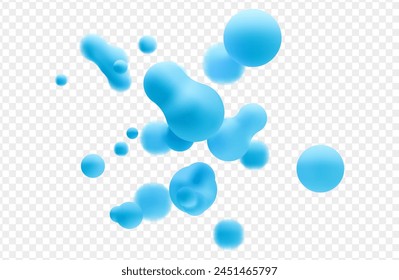 3D Liquid Blobs Set. Abstrakte farbige Kugeln im Flug. Vektorgrafik Realistisches Rendering von Blasen auf einem isolierten weißen Hintergrund. Illustration von Lava-Lampe-Elementen.