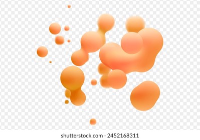 3d liquid blobs set. Abstract colored spheres in flight. Vector realistic render of bubbles on an isolated white background. Illustration of lava lamp elements.