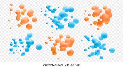 3d liquid blobs set. Abstract colored spheres in flight. Vector realistic render of bubbles on an isolated white background. Illustration of lava lamp elements.