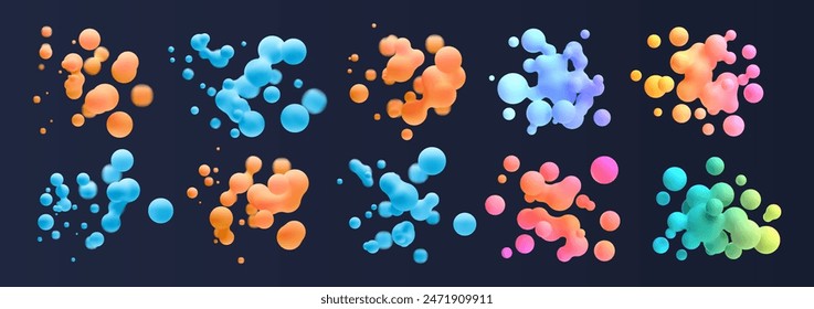 3d liquid blobs set. Abstract colored spheres in flight. Vector realistic render of bubbles on an isolated white background. Illustration of lava lamp elements.