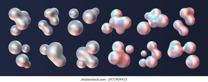 3d liquid blobs set. Abstract colored spheres in flight. Vector realistic render of bubbles on an isolated white background. Illustration of lava lamp elements.