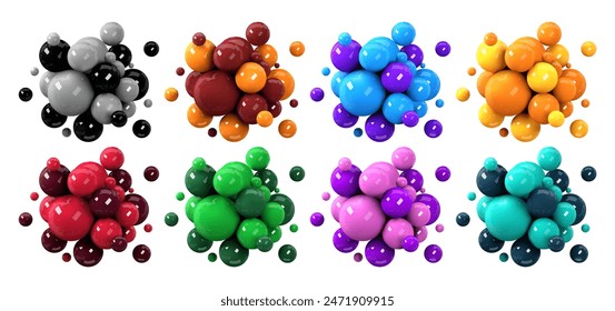 3d liquid blobs set. Abstract colored spheres in flight. Vector realistic render of bubbles on an isolated white background. Illustration of lava lamp elements.