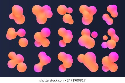 3d liquid blobs set. Abstract colored spheres in flight. Vector realistic render of bubbles on an isolated white background. Illustration of lava lamp elements.