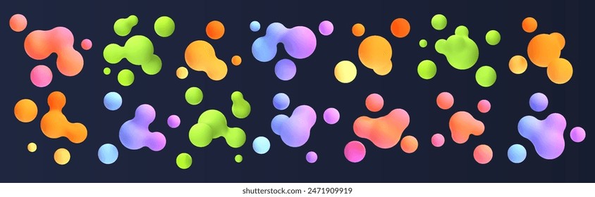 3d liquid blobs set. Abstract colored spheres in flight. Vector realistic render of bubbles on an isolated white background. Illustration of lava lamp elements.