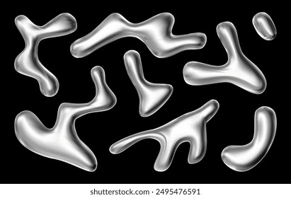 3d liquid blobs set. Abstract colored spheres in flight. Vector realistic render of bubbles on an isolated white background. Illustration of lava lamp elements.