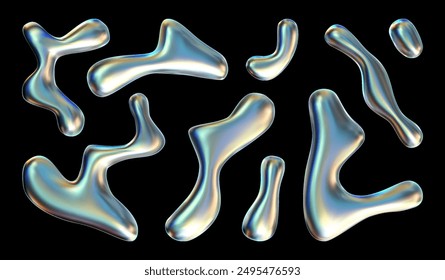 3d liquid blobs set. Abstract colored spheres in flight. Vector realistic render of bubbles on an isolated white background. Illustration of lava lamp elements.