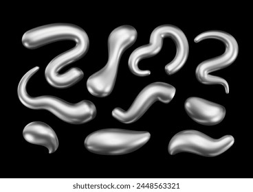 3d liquid chromatic shapes. Set of distorted forms, fluid blobs with glossy gradient effect. Vector design elements collection. Futuristic illustration. Inflated graphics render.