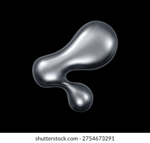 3d liquid chrome metal drop and shape with smooth glossy silver surface and soft texture. Realistic vector molten fluid or mercury drop, isolated futuristic y2k metallic form holographic flux blob