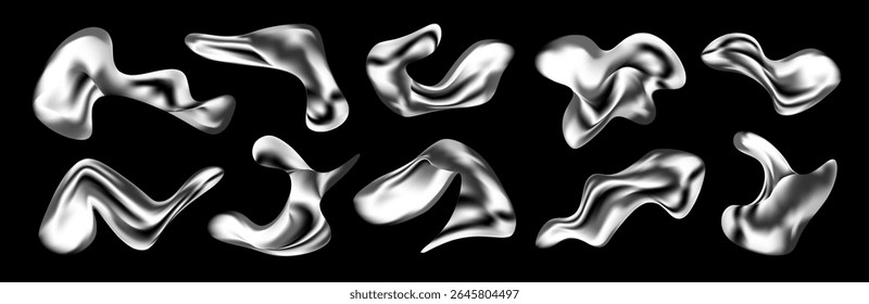 3D liquid chrome shapes and molten silver blobs in futuristic Y2K style. Abstract metallic elements with glossy texture and fluid curves. Iridescent forms with holographic flow and gradient shine. Eps