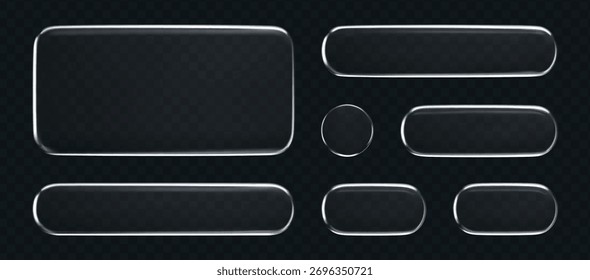 3D liquid glass button and frame set with transparent silver shine, isolated on dark background. Futuristic UI, UX elements for digital apps, web design or game interfaces. 3D tech glass vector