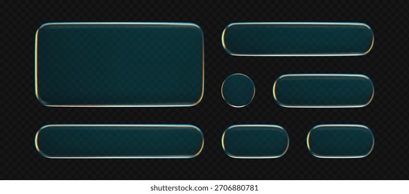 Botón de cristal líquido 3D y marco con brillo holográfico transparente, aislado en fondo oscuro. Interfaz de usuario futurista, Elementos UX para App digitales, interfaces de Diseño web o juego. Vector de cristal de la tecnología 3D