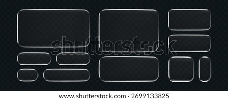 3D liquid glass button and frame set with transparent silver shine, isolated on dark background. Futuristic UI, UX elements for digital apps, web design or game interfaces. 3D tech glass vector