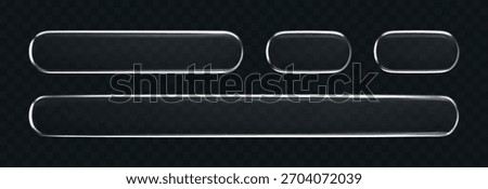 3D liquid glass button and frame set with transparent silver glow, isolated on dark background. Futuristic UI, UX elements for digital apps, web design or game interfaces. 3D tech glass vector