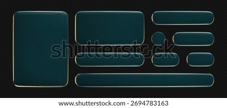 3D liquid glass buttons with a transparent neon holographic effect, isolated on a dark background. Render of liquid glass frame, UI UX elements for phone app or game interfaces. 3D tech digital vector