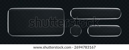 3D liquid glass buttons with transparent neon silver shine effect, isolated on a dark background. Render of liquid glass frame, UI UX elements for phone app or game interfaces. 3D tech digital vector