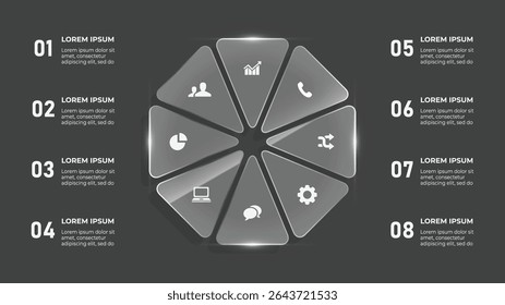 3D Liquid Glass Circle 8 Step Business Timeline Infographic with Digital Communication and Network Icons