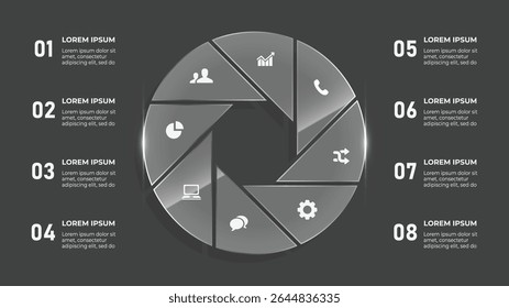 3D Liquid Glass Circle Infographic – 8 Step Business Timeline Process Banner with Directional Arrows and Web Icons