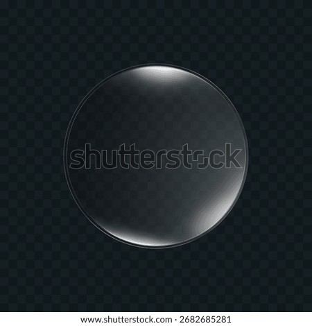 3d liquid glass disc with soft halo effect isolated on dark background. Render of transparent glass button, podium or mirror with neon gradient texture. 3D vector UI figure for tech interface