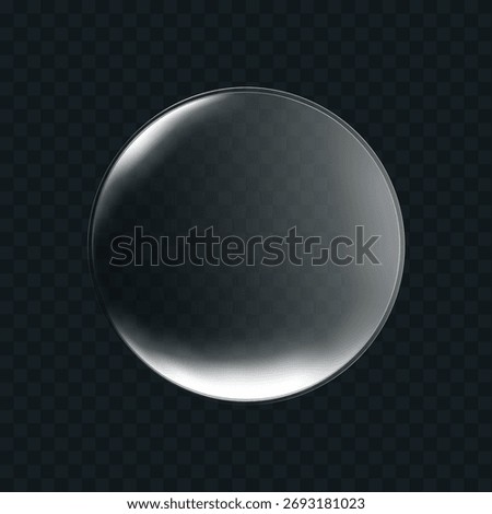 3d liquid glass disc with soft halo effect isolated on dark background. Render of transparent glass button, podium or mirror with neon gradient texture. 3D vector UI figure for tech interface