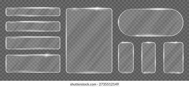 3d liquid glass effect rectangular frames set, Silver glow rectangles buttons boxes for ui ux web design,Glassmorphism components for web or app.