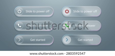 3D liquid glass morphism vector buttons with Slide to power off, slide to answer and get started text. Holographic UI element for smartphone application. Modern frosted glass effect on soft background.