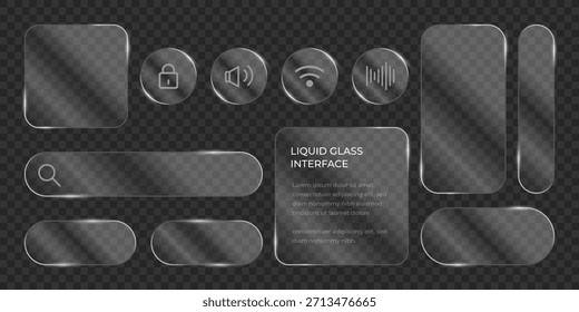 3D Liquid glass smartphone interface isolated. UI UX light frame rounded square and circle elements with a glow stroke. Collection design widget for smartphone and web app.