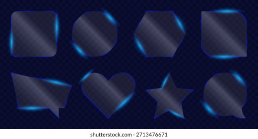 3D Liquid glass smartphone interface isolated. UI UX light frame rounded square and circle elements with a glow stroke. Collection design widget for smartphone and web app.
