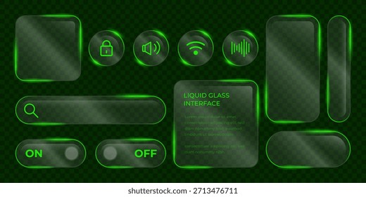 3D-Flüssigglas-Smartphone-Schnittstelle einzeln. UI UX heller Rahmen abgerundete Quadrat- und Kreiselemente mit einem Glühstrich. Kollektionsdesign-Widget für Smartphone und Web-App.