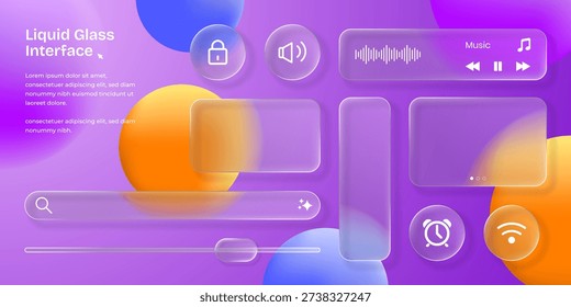 3D Liquid glass smartphone interface isolated. UI UX light frame rounded square and circle elements with a glow stroke. set of widget and UI elements for smartphone or web app.