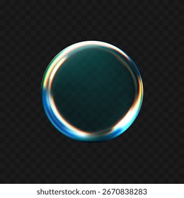 3D-Flüssigglaskugel mit Brechung und holografischen Effekten, einzeln auf dunklem Hintergrund. Transparente Wasserglas Tropfen mit Dispersion gemacht, Regenbogen Gradienten. 3D-Vektormorphismus