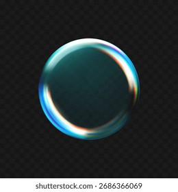Esfera de vidrio líquido 3D con efectos de refracción y holográficos, aislada sobre un fondo oscuro. Gotas transparentes de vidrio de agua renderizadas con dispersión, Gradientes del arco iris. Morfismo de Vector 3D