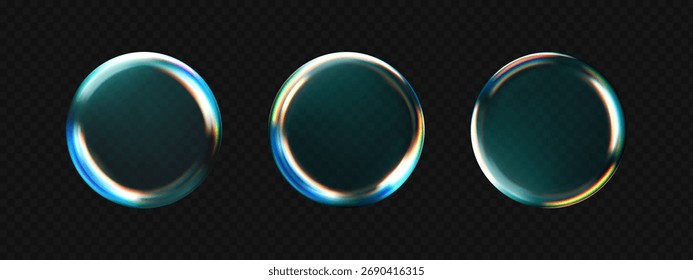 Esfera de vidrio líquido 3D con efectos de refracción y holográficos, aislada sobre un fondo oscuro. Gotas transparentes de vidrio de agua renderizadas con dispersión, Gradientes del arco iris. Morfismo de Vector 3D