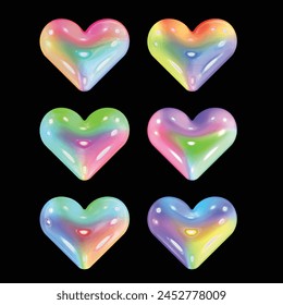 3D Liquid Holographic Element Heart Glass Shape Holographic Pearl Heart Shape Magic Love Talisman 3d Hologram Element Metal Rainbow Icon Rainbow, Flowing Gradient Vector Illustration