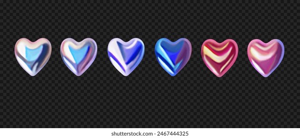 3D liquid holographic metal hearts. Vector illustration. Realistic chrome hearts isolated on black background. y2k style.