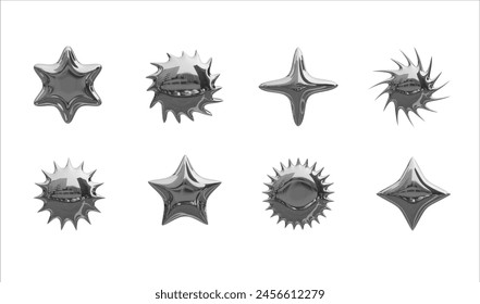 3D Liquid Metal Elements. Set of stylish trendy metal shapes on a transparent background. Isolated set of 8 figures of different silver stars in the style of the 2000s or Y2K