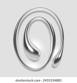 3D liquid metal letter O melted, with a glossy reflective surface and abstract fluid droplet shape, featuring a silver or chrome gradient. Isolated vector for Y2K design alphabet font