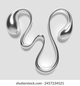 3D liquid metal letter V melted, with a glossy reflective surface and abstract fluid droplet shape, featuring a silver or chrome gradient. Isolated vector for Y2K design alphabet font