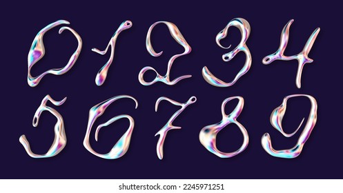 3d liquid molten metallic typography number. Realistic holographic streaks on metal numerals.