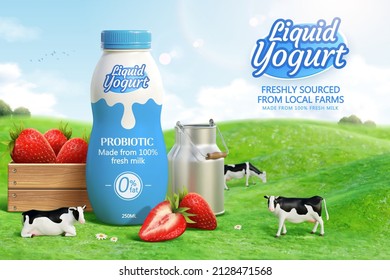 3d liquid yogurt ad template for product display. Yogurt bottle mock-up on farmland with a wooden box of strawberries, milk can and cows grazing on the meadow.