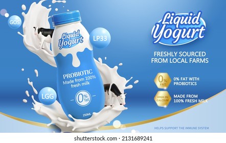 3d liquid yogurt drink ad template. Milk probiotic product advertising banner. Bottle mock-up with milk splashes and miniature cow toys on blue background.