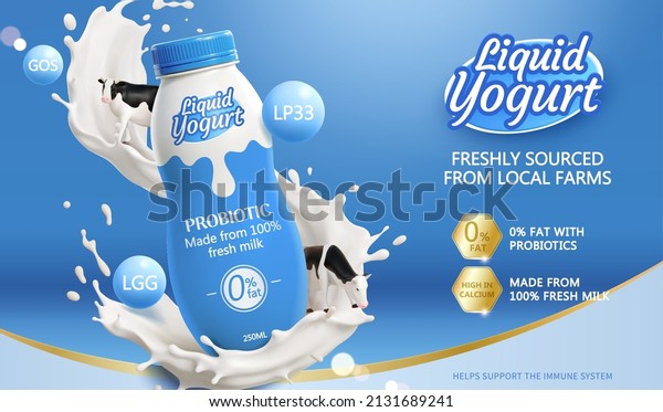 3d liquid yogurt drink ad template. Milk\
probiotic product advertising banner. Bottle mock-up with milk\
splashes and miniature cow toys on blue\
background.