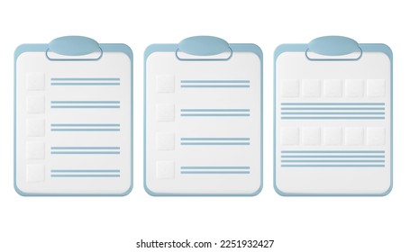 3d list survey with different types of feedback form. Modern summary notepad in vector. Business clipboard with minimal poll to complete the tasks.
